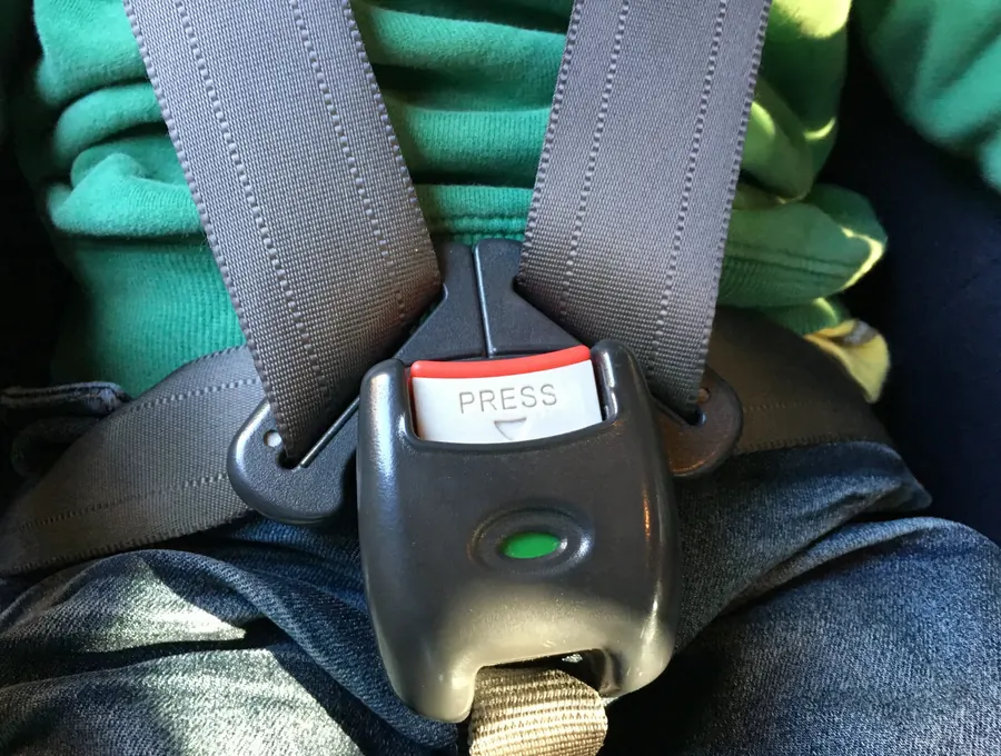 Buckle with a red press release holding a latch plate between webbing sections